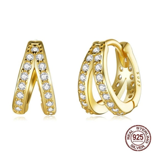 925 Sterling Silver Classic Geometry Earrings Women Zircon Crystal Double Rin... Carousel 2