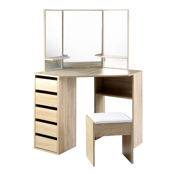 Artiss Corner Dressing Table Mirror Stool Set Makeup Vanity Desk Chair Oak Carousel 1