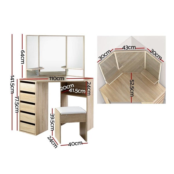 Artiss Corner Dressing Table Mirror Stool Set Makeup Vanity Desk Chair Oak Carousel 2
