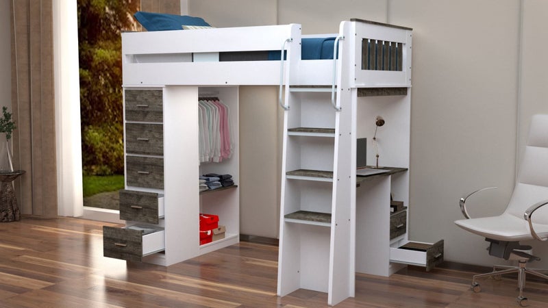 Dallas King Single Loft Bunk, Desk, Drawers, Wardrobe & Shelving **2nds* Carousel 1