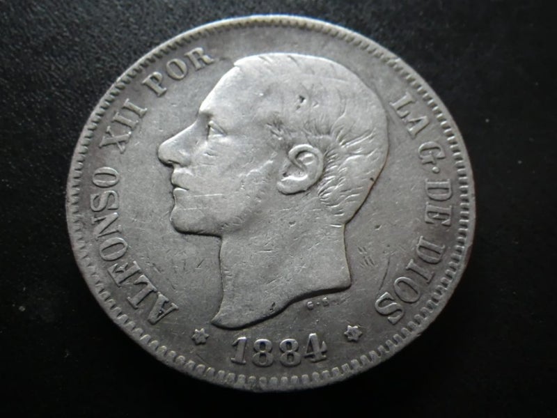 Spain 1884 5 Pesetas Silver (gFine-aVF) Carousel 2