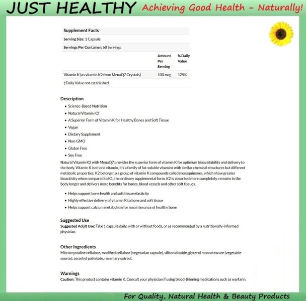 VITAMIN K2 DR'S BEST - MK7 - HIGH STRENGTH 100 mcg - 60 VEGE CAPS Carousel 2