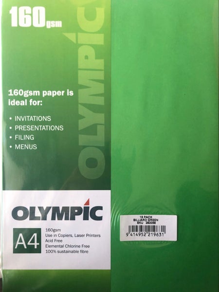 Olympic A4 Paper - 160gsm, Billiard Green (Pack of 15) Carousel 1