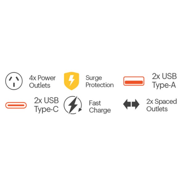 Jackson PT2929SUSB3C 4 Outlet Surge Protected Powerboard with 2x USB-A & 2x Carousel 2