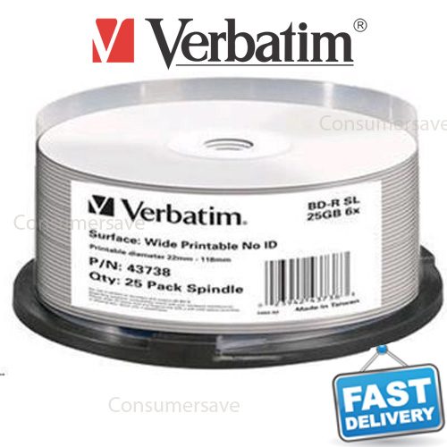 Verbatim BD-R 25GB 6X White Wide Printable 25 Pack on Spindle 1 Year Warranty Carousel 1