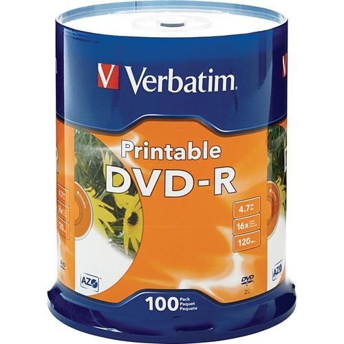 Verbatim DVD-R 4.7GB 16x White Printable 100 Pack on Spindle 1 Year Warranty Carousel 1