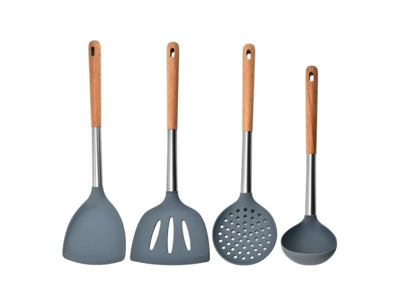 1pc Non-Stick Silicone Kitchen Utensil Wood Slotted Spatula Skimmer Spoon Soup Carousel 2