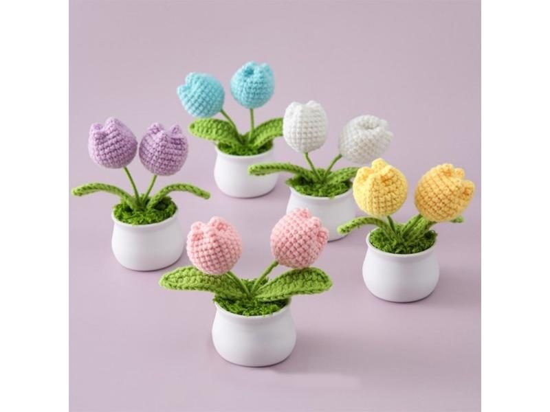 1pc Handmade Woven Flower Potted Artificial Knitted Crochet Tulip Plant Carousel 2