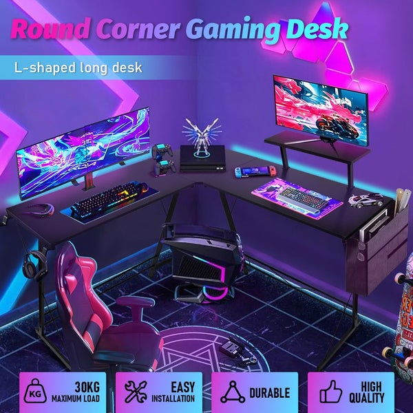 Corner Gaming Desk L Shaped Round Computer Desk Workstation With Screen Riser Carousel 2