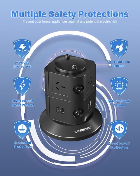 SAFEMORE 2 Layer Surge Protection Power Board 6-Outlet Charging Station, Black Carousel 5