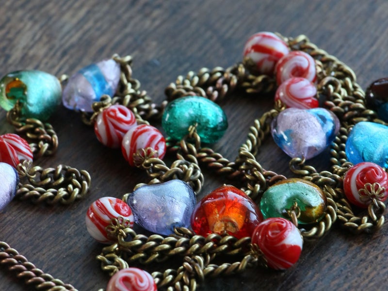 Post-Modern Venetian Art Glass Statement Necklace xtra Long tassel heart lariat Carousel 2