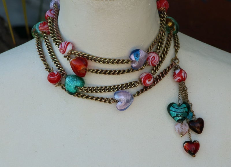 Post-Modern Venetian Art Glass Statement Necklace xtra Long tassel heart lariat Carousel 1