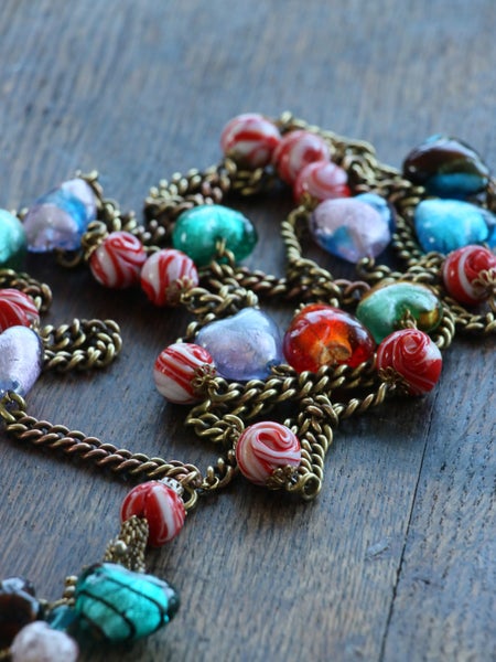 Post-Modern Venetian Art Glass Statement Necklace xtra Long tassel heart lariat Carousel 14