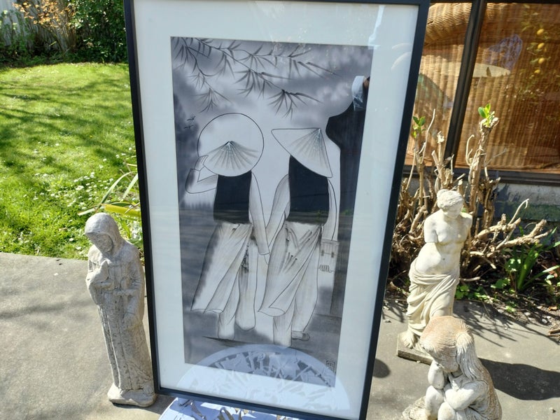 1998 Pen Drawing of Two Asian Female Figures on Silk(a/f) Carousel 2