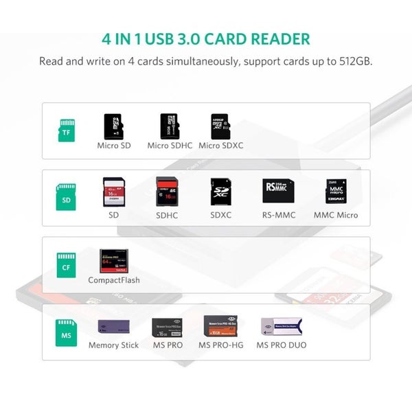 0.5M SD TF CF MS Card Reader, Read 4 Cards Simultaneously USB 3.0 UGREEN Adapter63003960100226112