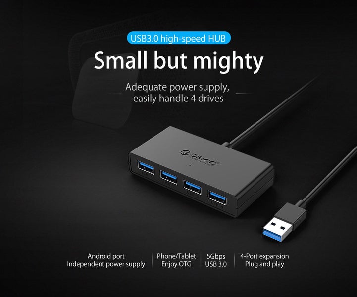 1m ORICO® 4 Port USB3.0 HUB with Micro USB Input, for Windows Linux Mac BLACK Carousel 2