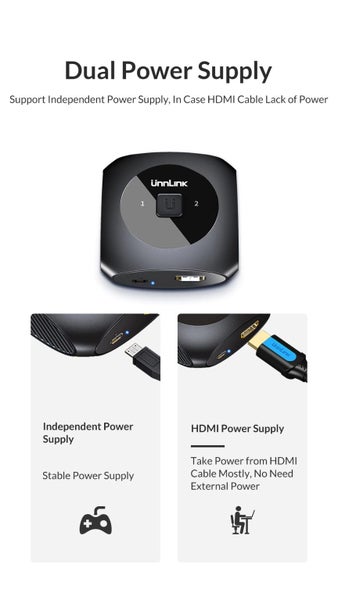 HDMI Bi-Direction Switch 2 In 1 Out, 1 In 2 Out w/ 2 HDMI Cables Unnlink®63616969287811113