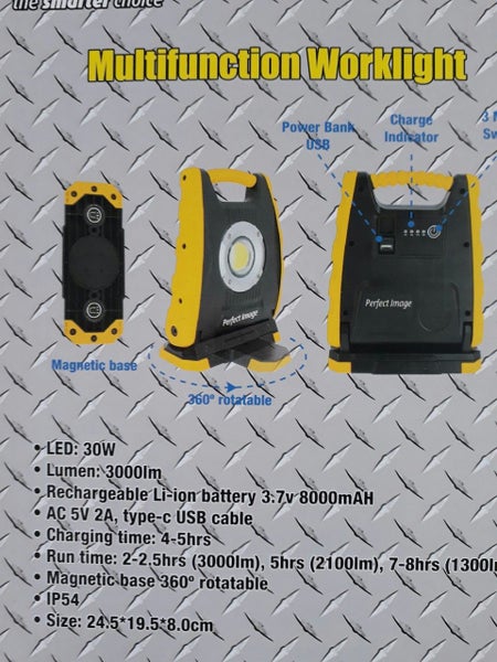 PERFECT IMAGE MULTIFUNCTION WORKLIGHT 30W 3000 LUMEN USB RECHARGABLE Carousel 2