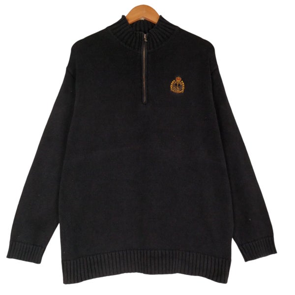 Ralph Lauren Navy Blue Crest Embroidered Knit Half Zip Sweater Large Carousel 1
