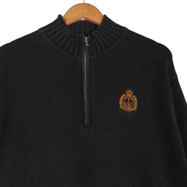 Ralph Lauren Navy Blue Crest Embroidered Knit Half Zip Sweater Large Carousel 2