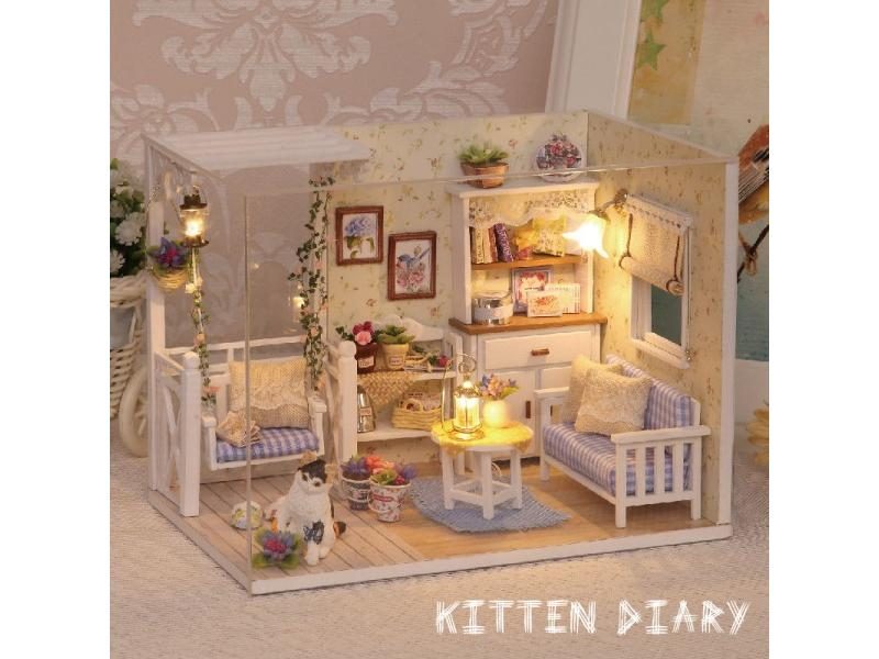 Kitten Mini Doll House Mini Model Building Kit Assembled House Home Kit Carousel 1