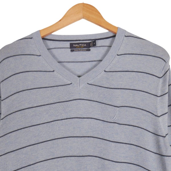 Nautica Light Blue Stripe V Neck Knit Sweater Medium Carousel 2