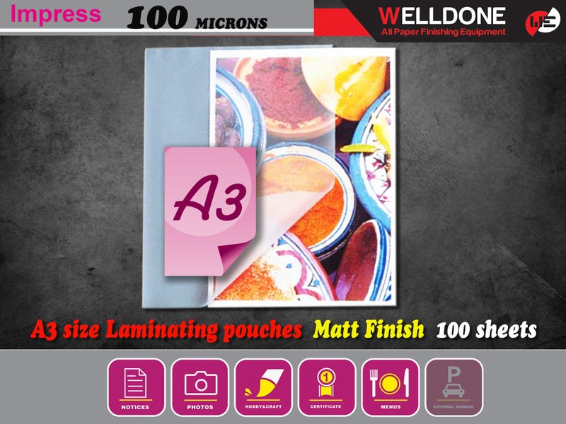 Laminating Pouches A3, Matt Finish, 100 Micron x 100 Sheets Carousel 1
