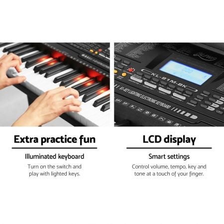 61 Key Lighted Electronic Piano Keyboard LCD Display w/ Holder Stand Carousel 7