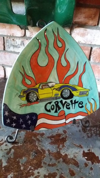 Hand painted Chevrolet corvette plate with stand. Carousel 1