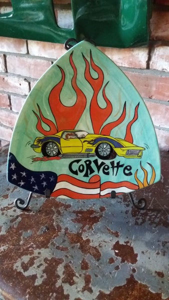 Hand painted Chevrolet corvette plate with stand. Carousel 2