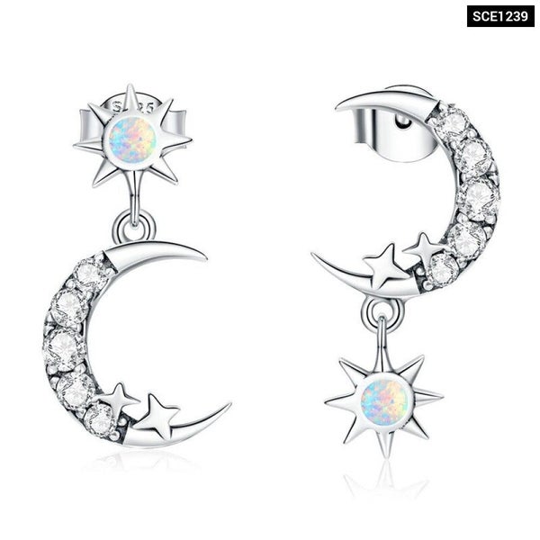 925 Sterling Silver Shining Star and Moon Stud Earrings Crystal Golden Buckle... Carousel 1