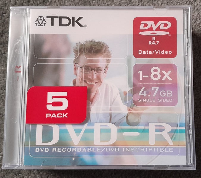 Buy 1 or more! - 5-pack TDK DVD-R discs with plastic cases (new/sealed) Carousel 1