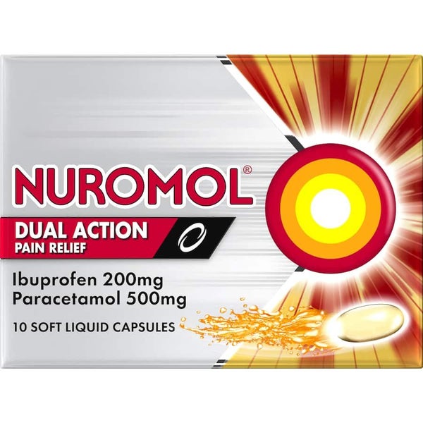 Nuromol Dual Action Ibuprofen & Paracetamol Pain Relief Liquid Capsules 10ea Carousel 1