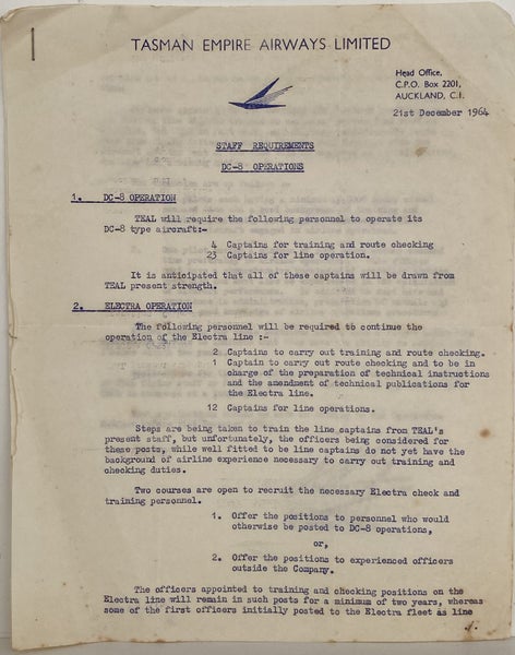 VINTAGE LETTERHEAD: TEAL / Tasman Empire Airways Ltd 1964 Carousel 1