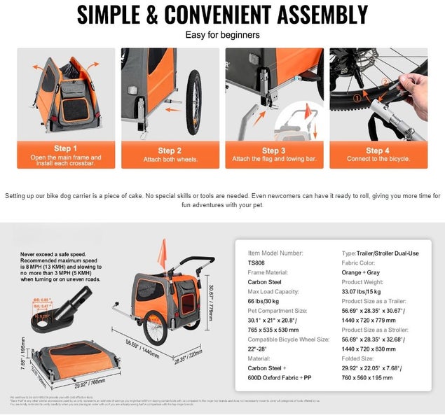 Pet Bicycle Trailer & Stroller Dog Cat Bike Carrier 30 kg Water Resistant Carousel 15