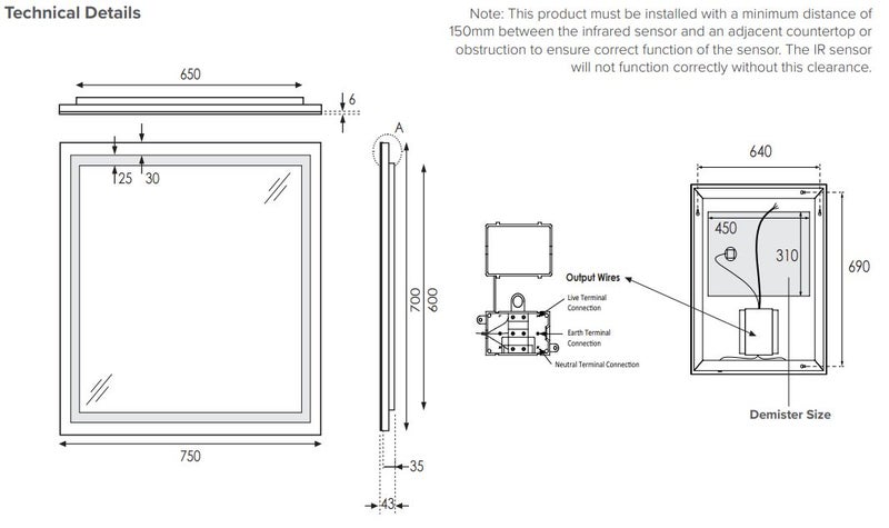 750 Broadway Rectangular Mirror with LED Lighting & Demister (IR Sensor) - Carousel 2