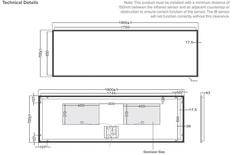1800 Broadway Rectangular Mirror with LED Lighting & Demister (IR Sensor) Carousel 2