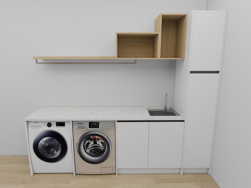 Acrylic White Handle-less Flat Pack Laundry – Smart Storage & pull-out hamper Carousel 1