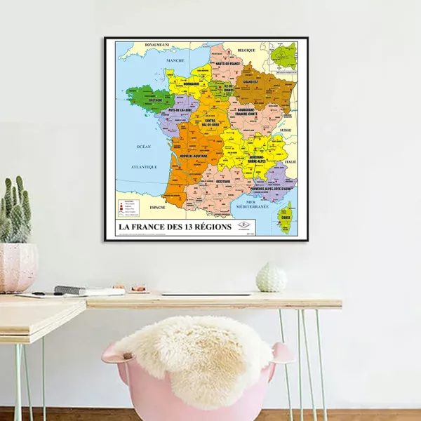 60 60cm French Map Spray Canvas Painting Wall Art Poster For Classroom Home Carousel 2