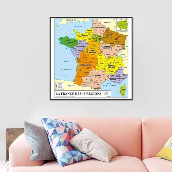 60 60cm French Map Spray Canvas Painting Wall Art Poster For Classroom Home Carousel 1