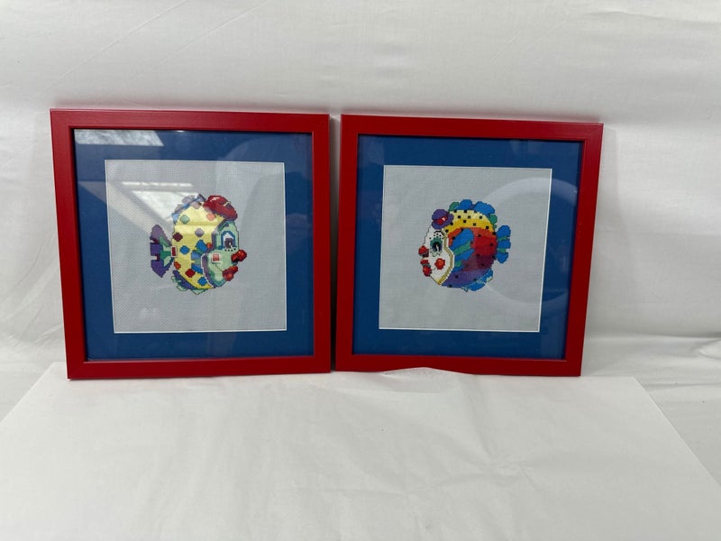 Two Funky Cross Stitched Fish Framed (18778)62957611736706113