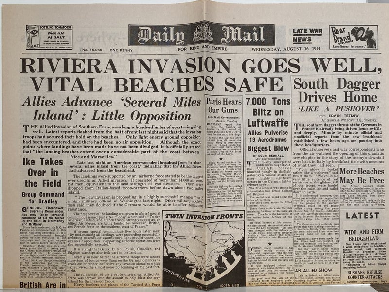 OLD WARTIME NEWSPAPER: Daily Mail, 16th August 1944 Carousel 1