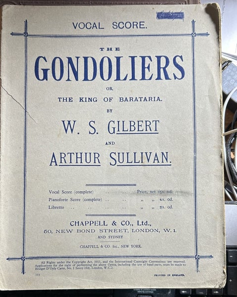 The Gondoliers or The King of Barataria Vocal Score by W S Gilbert Carousel 1