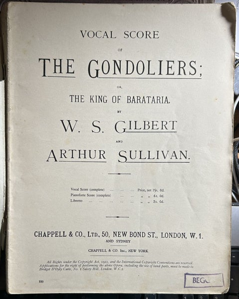 The Gondoliers or The King of Barataria Vocal Score by W S Gilbert Carousel 2