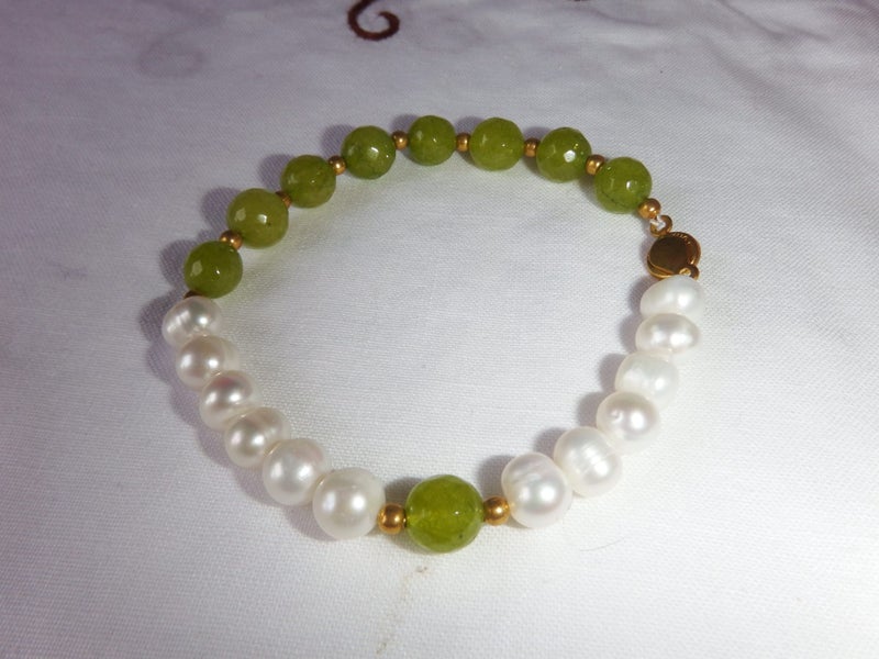 Natural White Freshwater Pearl, Lime Green Jade, CZ Bracelet - #JPB1 Carousel 1