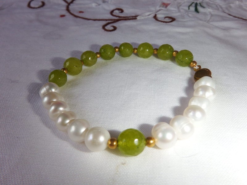 Natural White Freshwater Pearl, Lime Green Jade, CZ Bracelet - #JPB1 Carousel 2