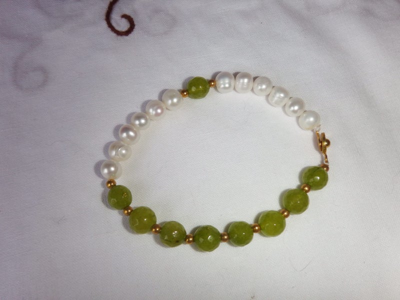 Natural White Freshwater Pearl, Lime Green Jade, CZ Bracelet - #JPB1 Carousel 6