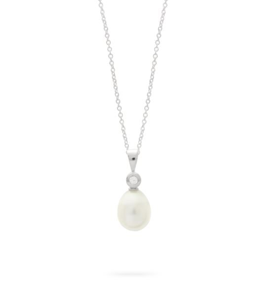 Sterling Silver Simple Single Cultured Pearl and CZ Drop Pendant 9.5 - 10mm Carousel 1
