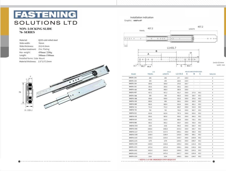 76mm Non Locking Heavy Duty Slide Runner Rated to 220kg Carousel 1