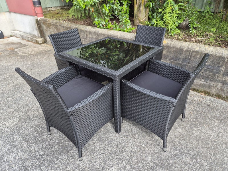 5 Pce PE Rattan 800 x 800 Dining Set - Stylish Black Glass Carousel 1